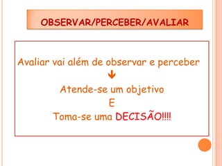 OBSERVAR/PERCEBER/AVALIAR

Avaliar vai além de observar e perceber

Atende-se um objetivo
E
Toma-se uma DECISÃO!!!!

 