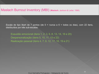 Escala de tipo likert de 7 pontos (de 0 = nunca a 6 = todos os dias), com 22 itens,
distribuídos por três sub-escalas:
Exaustão emocional (itens 1, 2, 3, 6, 8, 13, 14, 16 e 20)
Despersonalização (itens 5, 10, 11, 15 e 22)
Realização pessoal (itens 4, 7, 9, 12, 17, 18, 19 e 21)
11
Maslach Burnout Inventory (MBI) (Maslach, Jackson & Leiter, 1996)
Cruz Vermelha Portuguesa – Delegação de Tavira
 