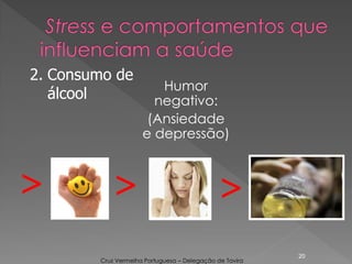 20
> >
Humor
negativo:
(Ansiedade
e depressão)
>
2. Consumo de
álcool
Cruz Vermelha Portuguesa – Delegação de Tavira
 