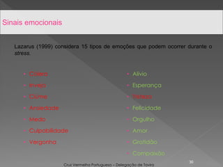 • Cólera
• Inveja
• Ciúme
• Ansiedade
• Medo
• Culpabilidade
• Vergonha
• Alívio
• Esperança
• Tristeza
• Felicidade
• Orgulho
• Amor
• Gratidão
• Compaixão
30
Sinais emocionais
Cruz Vermelha Portuguesa – Delegação de Tavira
Lazarus (1999) considera 15 tipos de emoções que podem ocorrer durante o
stress.
 