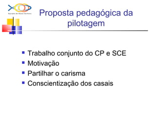 Proposta pedagógica da
pilotagem
 Trabalho conjunto do CP e SCE
 Motivação
 Partilhar o carisma
 Conscientização dos casais
 