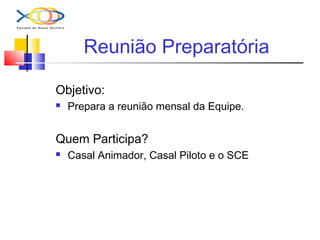 Reunião Preparatória
Objetivo:
 Prepara a reunião mensal da Equipe.
Quem Participa?
 Casal Animador, Casal Piloto e o SCE
 