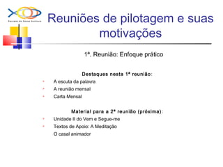 Reuniões de pilotagem e suas
motivações
1ª. Reunião: Enfoque prático
Destaques nesta 1ª reunião:
 A escuta da palavra
 A reunião mensal
 Carta Mensal
Material para a 2ª reunião (próxima):
 Unidade II do Vem e Segue-me
 Textos de Apoio: A Meditação
O casal animador
 