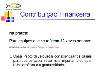 Contribuição Financeira
Na prática:
Para equipes que se reúnem 12 vezes por ano:
O Casal Piloto deve buscar conscientizar os casais
para que percebam que mais importante do que
a matemática é a generosidade.
CONTRIBUIÇÃO MENSAL = Renda do Casal / 360
 