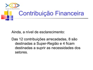 Contribuição Financeira
Ainda, a nível de esclarecimento:
Das 12 contribuições arrecadadas, 8 são
destinadas a Super-Região e 4 ficam
destinadas a suprir as necessidades dos
setores.
 