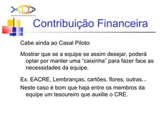 Contribuição Financeira
Cabe ainda ao Casal Piloto:
Mostrar que se a equipe se assim desejar, poderá
optar por manter uma “caixinha” para fazer face as
necessidades da equipe.
Ex. EACRE, Lembranças, cartões, flores, outras...
Neste caso é bom que haja entre os membros da
equipe um tesoureiro que auxilie o CRE.
 