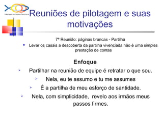 Reuniões de pilotagem e suas
motivações
7ª Reunião: páginas brancas - Partilha
 Levar os casais a descoberta da partilha vivenciada não é uma simples
prestação de contas
Enfoque
 Partilhar na reunião de equipe é retratar o que sou.
 Nela, eu te assumo e tu me assumes
 É a partilha de meu esforço de santidade.
 Nela, com simplicidade, revelo aos irmãos meus
passos firmes.
 