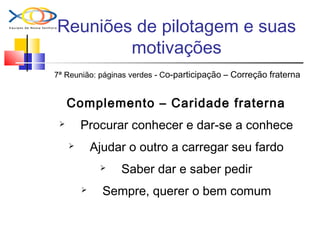 Reuniões de pilotagem e suas
motivações
7ª Reunião: páginas verdes - Co-participação – Correção fraterna
Complemento – Caridade fraterna
 Procurar conhecer e dar-se a conhece
 Ajudar o outro a carregar seu fardo
 Saber dar e saber pedir
 Sempre, querer o bem comum
 