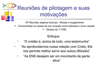 Reuniões de pilotagem e suas
motivações
10ª Reunião: páginas brancas - Missão e engajamento
 Conscientizar os casais da sua vocação como batizado e como casado
 Eleição do 1º CRE
Enfoque
 “O cristão é, acima de tudo, uma testemunha”
 “Ao aprofundarmos nossa relação com Cristo, Ele
nos permite melhor servir aos outros (Missão)”
 “As ENS desejam ser um movimento de gente
ativa”
 