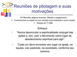 Reuniões de pilotagem e suas
motivações
10ª Reunião: páginas brancas - Missão e engajamento
 Conscientizar os casais da sua vocação como batizado e como casado
 Eleição do 1º CRE
Enfoque
 “Nunca desvincular a espiritualidade conjugal das
ações e, sim, usar o Movimento como lugar de
abastecimento espiritual para agir”.
 “Cada um deve encontrar seu lugar na Igreja, na
equipe, nas pastorais, na sociedade, conforme seu
carisma.
 