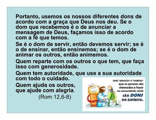 Portanto, usemos os nossos diferentes dons dePortanto, usemos os nossos diferentes dons de
acordo com a graacordo com a graçça que Deus nos deu. Se oa que Deus nos deu. Se o
dom que recebemosdom que recebemos éé o de anunciar ao de anunciar a
mensagem de Deus, famensagem de Deus, faççamos isso de acordoamos isso de acordo
com a fcom a féé que temos.que temos.
SeSe éé o dom de servir, então devemos servir; seo dom de servir, então devemos servir; se éé
o de ensinar, então ensinemos; seo de ensinar, então ensinemos; se éé o dom deo dom de
animar os outros, então animemos.animar os outros, então animemos.
Quem reparte com os outros o que tem, que faQuem reparte com os outros o que tem, que faççaa
isso com generosidade.isso com generosidade.
Quem tem autoridade, que use a sua autoridadeQuem tem autoridade, que use a sua autoridade
com todo o cuidado.com todo o cuidado.
Quem ajuda os outros,Quem ajuda os outros,
que ajude com alegriaque ajude com alegria.
(Rom 12,6-8)
 