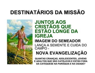 DESTINATDESTINATÁÁRIOS DA MISSÃORIOS DA MISSÃO
JUNTOS AOSJUNTOS AOS
CRISTÃOS QUECRISTÃOS QUE
ESTÃO LONGE DAESTÃO LONGE DA
IGREJAIGREJA
IMAGEM DO SEMEADOR
LANÇA A SEMENTE E CUIDA DO
CAMPO -
NOVA EVANGELIZAÇÃO
QUANTAS CRIANQUANTAS CRIANÇÇAS, ADOLESCENTES, JOVENSAS, ADOLESCENTES, JOVENS
E ADULTOS QUE SÃO CATE ADULTOS QUE SÃO CATÓÓLICOS E ESTÃO FORALICOS E ESTÃO FORA
DA CATEQUESE NA PARDA CATEQUESE NA PARÓÓQUIA E NA CIDADE?QUIA E NA CIDADE?
 