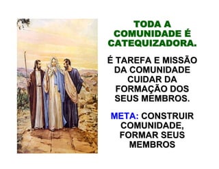 TODA ATODA A
COMUNIDADECOMUNIDADE ÉÉ
CATEQUIZADORA.CATEQUIZADORA.
ÉÉ TAREFA E MISSÃOTAREFA E MISSÃO
DA COMUNIDADEDA COMUNIDADE
CUIDAR DACUIDAR DA
FORMAFORMAÇÇÃO DOSÃO DOS
SEUS MEMBROS.SEUS MEMBROS.
META:META: CONSTRUIRCONSTRUIR
COMUNIDADE,COMUNIDADE,
FORMAR SEUSFORMAR SEUS
MEMBROSMEMBROS
 