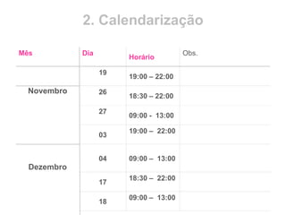 2. Calendarização
Mês Dia
Horário
Obs.
Novembro
19
19:00 – 22:00
26
18:30 – 22:00
27
09:00 - 13:00
Dezembro
03
19:00 – 22:00
04 09:00 – 13:00
17
18:30 – 22:00
18
09:00 – 13:00
 