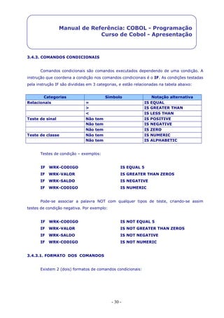 - 30 -
Manual de Referência: COBOL - Programação
Curso de Cobol - Apresentação
3.4.3. COMANDOS CONDICIONAIS
Comandos condicionais são comandos executados dependendo de uma condição. A
instrução que coordena a condição nos comandos condicionais é o IF. As condições testadas
pela instrução IF são divididas em 3 categorias, e estão relacionadas na tabela abaixo:
Categorias Símbolo Notação alternativa
Relacionais = IS EQUAL
> IS GREATER THAN
< IS LESS THAN
Teste de sinal Não tem IS POSITIVE
Não tem IS NEGATIVE
Não tem IS ZERO
Teste de classe Não tem IS NUMERIC
Não tem IS ALPHABETIC
Testes de condição – exemplos:
IF WRK-CODIGO IS EQUAL 5
IF WRK-VALOR IS GREATER THAN ZEROS
IF WRK-SALDO IS NEGATIVE
IF WRK-CODIGO IS NUMERIC
Pode-se associar a palavra NOT com qualquer tipos de teste, criando-se assim
testes de condição negativa. Por exemplo:
IF WRK-CODIGO IS NOT EQUAL 5
IF WRK-VALOR IS NOT GREATER THAN ZEROS
IF WRK-SALDO IS NOT NEGATIVE
IF WRK-CODIGO IS NOT NUMERIC
3.4.3.1. FORMATO DOS COMANDOS
Existem 2 (dois) formatos de comandos condicionais:
 