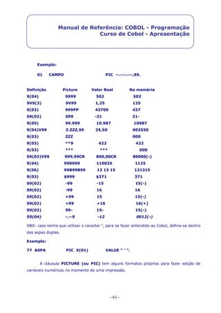 - 61 -
Manual de Referência: COBOL - Programação
Curso de Cobol - Apresentação
Exemplo:
01 CAMPO PIC --.---.---,99.
Definição Picture Valor Real Na memória
9(04) 9999 502 502
9V9(2) 9V99 1,25 125
9(03) 999PP 43700 437
S9(02) S99 -21 21-
9(05) 99.999 10.987 10987
9(04)V99 Z.ZZZ,99 25,50 002550
9(03) ZZZ 000
9(03) **9 422 422
9(03) *** *** 000
S9(03)V99 999,99CR 800,00CR 80000(-)
9(04) 990099 110025 1125
9(06) 99B99B99 12 13 15 121315
9(03) $999 $371 371
S9(02) -99 -15 15(-)
S9(02) -99 16 16
S9(02) +99 15 15(-)
S9(02) +99 +16 16(+)
S9(02) 99- 15- 15(-)
S9(04) -.--9 -12 0012(-)
OBS: caso tenha que utilizar o caracter ‘, para se fazer entendido ao Cobol, define-se dentro
das aspas duplas.
Exemplo:
77 ASPA PIC X(01) VALUE “ ’ ”.
A cláusula PICTURE (ou PIC) tem alguns formatos próprios para fazer edição de
variáveis numéricas no momento de uma impressão.
 