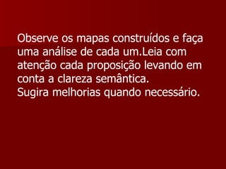 Observe os mapas construídos e faça uma análise de cada um.Leia com atenção cada proposição levando em conta a clareza semântica. Sugira melhorias quando necessário. 