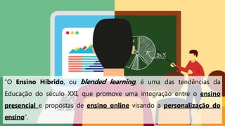 “O Ensino Híbrido, ou blended learning, é uma das tendências da
Educação do século XXI, que promove uma integração entre o ensino
presencial e propostas de ensino online visando a personalização do
ensino”.
 