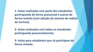 1- Aulas realizadas com parte dos estudantes
participando de forma presencial e outros de
forma remota (com adoção de sistema de rodízio
de turmas);
2- Aulas realizadas com todos os estudantes
participando presencialmente;
3- Aulas para estudantes que só participam de
forma remota.
 