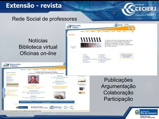 Extensão - revista Notícias Biblioteca virtual Oficinas  on-line Publicações Argumentação Colaboração Participação Rede Social de professores 