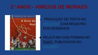 2° ANOS - VINÍCIUS DE MORAES
★ PRODUÇÃO DE TEXTO NO
PROATIVA COM REGISTRO
DOS DESENHOS
★ RELEITURA DOS POEMAS NO
PAINT, PUBLICADOS NO
CALAMÉO
 