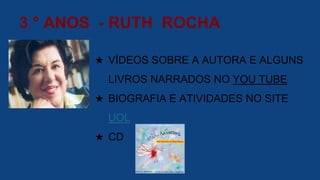3 ° ANOS - RUTH ROCHA
★ VÍDEOS SOBRE A AUTORA E ALGUNS
LIVROS NARRADOS NO YOU TUBE
★ BIOGRAFIA E ATIVIDADES NO SITE
UOL
★ CD
 
