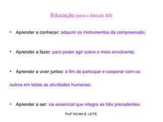 Educação para o Século XXI


•   Aprender a conhecer: adquirir os instrumentos da compreensão;



•   Aprender a fazer: para poder agir sobre o meio envolvente;



•   Aprender a viver juntos: a fim de participar e cooperar com os

outros em todas as atividades humanas;



•   Aprender a ser: via essencial que integra as três precedentes.

                            Profª WILMA B. LEITE.
 