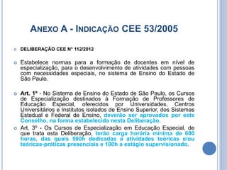 ANEXO A - INDICAÇÃO CEE 53/2005
 DELIBERAÇÃO CEE N° 112/2012
 Estabelece normas para a formação de docentes em nível de
especialização, para o desenvolvimento de atividades com pessoas
com necessidades especiais, no sistema de Ensino do Estado de
São Paulo.
 Art. 1º - No Sistema de Ensino do Estado de São Paulo, os Cursos
de Especialização destinados à Formação de Professores de
Educação Especial, oferecidos por Universidades, Centros
Universitários e Institutos isolados de Ensino Superior, dos Sistemas
Estadual e Federal de Ensino, deverão ser aprovados por este
Conselho, na forma estabelecida nesta Deliberação.
 Art. 3º - Os Cursos de Especialização em Educação Especial, de
que trata esta Deliberação, terão carga horária mínima de 600
horas, das quais 500h dedicadas a atividades teóricas e/ou
teóricas-práticas presenciais e 100h a estágio supervisionado.
 