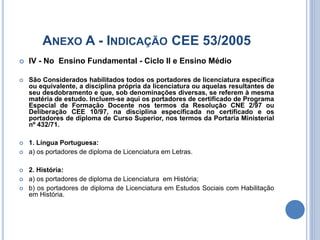 ANEXO A - INDICAÇÃO CEE 53/2005
 IV - No Ensino Fundamental - Ciclo II e Ensino Médio
 São Considerados habilitados todos os portadores de licenciatura específica
ou equivalente, a disciplina própria da licenciatura ou aquelas resultantes de
seu desdobramento e que, sob denominações diversas, se referem à mesma
matéria de estudo. Incluem-se aqui os portadores de certificado de Programa
Especial de Formação Docente nos termos da Resolução CNE 2/97 ou
Deliberação CEE 10/97, na disciplina especificada no certificado e os
portadores de diploma de Curso Superior, nos termos da Portaria Ministerial
nº 432/71.
 1. Língua Portuguesa:
 a) os portadores de diploma de Licenciatura em Letras.
 2. História:
 a) os portadores de diploma de Licenciatura em História;
 b) os portadores de diploma de Licenciatura em Estudos Sociais com Habilitação
em História.
 