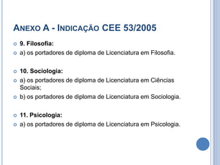 ANEXO A - INDICAÇÃO CEE 53/2005
 9. Filosofia:
 a) os portadores de diploma de Licenciatura em Filosofia.
 10. Sociologia:
 a) os portadores de diploma de Licenciatura em Ciências
Sociais;
 b) os portadores de diploma de Licenciatura em Sociologia.
 11. Psicologia:
 a) os portadores de diploma de Licenciatura em Psicologia.
 