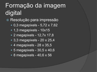 Formação da imagem digitalResolução para impressão0,3 megapixels - 5,72 x 7,621,3 megapixels - 10x152 megapixels - 12,7x 17,83,3 megapixels - 20 x 25,44 megapixels - 28 x 35,55 megapixels - 30,5 x 40,68 megapixels - 40,6 x 56 