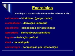 astronomia – hibridismo (grego + latim)
o amanhecer – derivação imprópria
aguardente – composição por aglutinação
apropriado – derivação parassintética
ingrato – derivação prefixal
chuá – onomatopeia
contrarregra – composição por justaposição
ExercíciosExercícios
Identifique o processo de formação das palavras abaixo
 