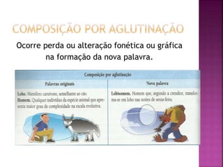 Ocorre perda ou alteração fonética ou gráfica
na formação da nova palavra.
 