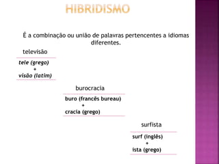 É a combinação ou união de palavras pertencentes a idiomas
diferentes.
televisão
burocracia
surfista
tele (grego)
+
visão (latim)
buro (francês bureau)
+
cracia (grego)
surf (inglês)
+
ista (grego)
 