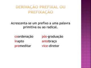 Acrescenta-se um prefixo a uma palavra
primitiva ou ao radical.
coordenação pós-graduação
inapto antebraço
premeditar vice-diretor
 