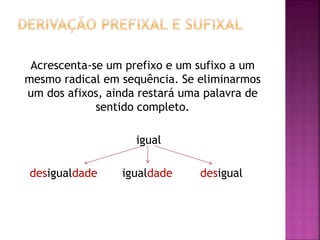 Acrescenta-se um prefixo e um sufixo a um
mesmo radical em sequência. Se eliminarmos
um dos afixos, ainda restará uma palavra de
sentido completo.
igual
desigualdade igualdade desigual
 