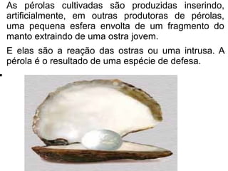 As pérolas cultivadas são produzidas inserindo,
    artificialmente, em outras produtoras de pérolas,
    uma pequena esfera envolta de um fragmento do
    manto extraindo de uma ostra jovem.
    E elas são a reação das ostras ou uma intrusa. A
    pérola é o resultado de uma espécie de defesa.
●
 