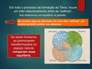 Isso determinou um equilíbrio no planeta.
Se ocorrer alguma alteração em uma das “esferas”, as
outras também podem ser afetadas.
Os seres humanos,
ao promoverem
transformações no
espaço natural,
romperam esse
equilíbrio.
Em todo o processo de formação da Terra, houve
um inter-relacionamento entre as “esferas”.
 