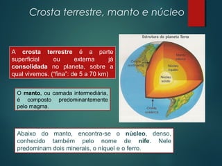 Crosta terrestre, manto e núcleo
Abaixo do manto, encontra-se o núcleo, denso,
conhecido também pelo nome de nife. Nele
predominam dois minerais, o níquel e o ferro.
A crosta terrestre é a parte
superficial ou externa já
consolidada no planeta, sobre a
qual vivemos. (“fina”: de 5 a 70 km)
O manto, ou camada intermediária,
é composto predominantemente
pelo magma.
 
