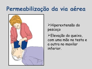 Permeabilização da via aérea
Hiperextensão do
pescoço
Elevação do queixo,
com uma mão na testa e
a outra no maxilar
inferior.
 