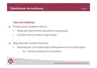 Classificação de Auditorias

Módulo 1

Tipos de Auditorias:
►

Primeira parte (Auditoria Interna):
Realizada internamente pela própria organização;
O Auditor Interno audita a organização.

►

Segunda parte (Auditoria Externa):
Realizada por uma organização interessada em outra organização.
Ex.: Clientes auditando Fornecedores.

Formação de Auditores Internos baseada na ISO 19011

 