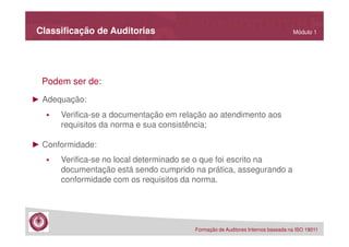 Classificação de Auditorias

Módulo 1

Podem ser de:
► Adequação:

Verifica-se a documentação em relação ao atendimento aos
requisitos da norma e sua consistência;
► Conformidade:
Verifica-se no local determinado se o que foi escrito na
documentação está sendo cumprido na prática, assegurando a
conformidade com os requisitos da norma.

Formação de Auditores Internos baseada na ISO 19011

 