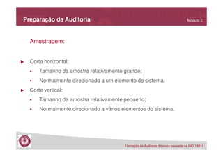 Preparação da Auditoria

Módulo 2

Amostragem:

►

Corte horizontal:
Tamanho da amostra relativamente grande;
Normalmente direcionado a um elemento do sistema.

►

Corte vertical:
Tamanho da amostra relativamente pequeno;
Normalmente direcionado a vários elementos do sistema.

Formação de Auditores Internos baseada na ISO 19011

 