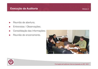 Execução da Auditoria

►

Reunião de abertura;

►

Entrevistas / Observações;

►

Consolidação das informações;

►

Módulo 2

Reunião de encerramento.

Formação de Auditores Internos baseada na ISO 19011

 