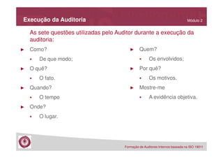 Execução da Auditoria

Módulo 2

As sete questões utilizadas pelo Auditor durante a execução da
auditoria:
►

Como?

►

Os envolvidos;

De que modo;
►

O quê?

►

Quando?
O tempo

►

Por quê?
Os motivos.

O fato.
►

Quem?

►

Mostre-me
A evidência objetiva.

Onde?
O lugar.

Formação de Auditores Internos baseada na ISO 19011

 