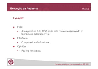 Execução da Auditoria

Módulo 2

Exemplo:

►

Fato:
A temperatura é de 17ºC nesta sala conforme observado no
termômetro calibrado nº15;

►

Inferência:
O aquecedor não funciona.

►

Opiniões:
Faz frio nesta sala.

Formação de Auditores Internos baseada na ISO 19011

 