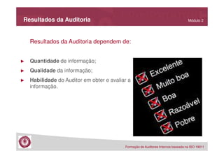 Resultados da Auditoria

Módulo 2

Resultados da Auditoria dependem de:

►

Quantidade de informação;

►

Qualidade da informação;

►

Habilidade do Auditor em obter e avaliar a
informação.

Formação de Auditores Internos baseada na ISO 19011

 