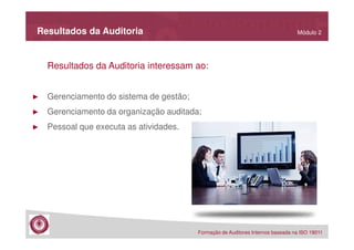 Resultados da Auditoria

Módulo 2

Resultados da Auditoria interessam ao:

►

Gerenciamento do sistema de gestão;

►

Gerenciamento da organização auditada;

►

Pessoal que executa as atividades.

Formação de Auditores Internos baseada na ISO 19011

 