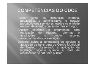 -Avaliar    junto    às    instâncias    internas,
   pedagógica e administrativa, o estágio
   probatório dos servidores lotados na unidade
   escolar, de acordo com as normas em vigor;
-Analisar planilhas e orçamentos para
   realização     de    reparos,    reformas    e
   ampliações        no       prédio      escolar,
   acompanhando sua execução;
-Deliberar sobre a contratação de serviços e
   aquisição de bens para do Centro Municipal
   de Ensino, observando a aplicação da
   legislação vigente quando a fonte de
   recursos for de natureza pública;
 