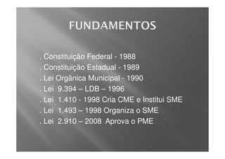 . Constituição Federal - 1988
. Constituição Estadual - 1989
. Lei Orgânica Municipal - 1990
. Lei 9.394 – LDB – 1996
. Lei 1.410 - 1998 Cria CME e Institui SME
. Lei 1.493 – 1998 Organiza o SME
. Lei 2.910 – 2008 Aprova o PME
 